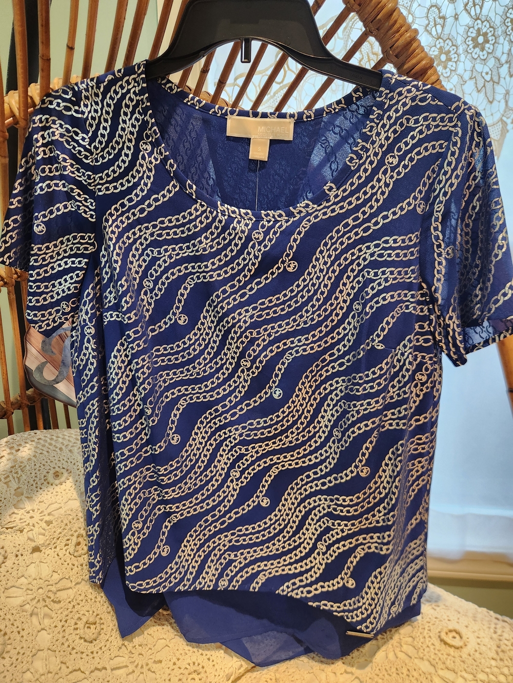 Michael Kors Royal Blue & Silver Chain-Print Short Sleeve Top